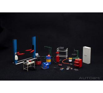 Set garage OUTILS ET PONT ELEVATEUR 2 colonnes 1/18 AutoArt AA49111 674110491111 B09YPNV582 Machine à pneu étagères servantes d'atelier accessoires pour diorama