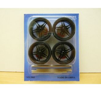 SET DE 4 JANTES TUNING 1/24 ou 1/18 NOIRES + PNEUS D34mm WHEELS 2003 ACCESSOIRE MODELISME MODELCAR