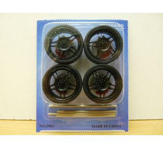 SET DE 4 JANTES TUNING 1/24 ou 1/18 NOIRES + PNEUS D34mm WHEELS 2003 ACCESSOIRE MODELISME MODELCAR