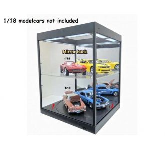 ARMOIRE ETAGERE NOIR BOITE VITRINE SHOW CASE AVEC 8 LAMPES A LED BLANCHES ET PLATEAU TOURNANT POUR 2x 2 1/18 PLEXIGLAS BOX DIORAMA 1/18 TRIPLE 9 T9-69929MBK